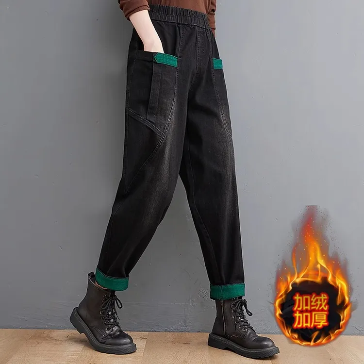 秋冬季中年妈妈加绒加厚牛仔裤女复古松紧腰哈伦裤宽松保暖老爹裤