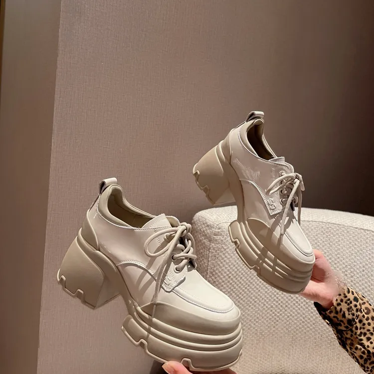 欧洲站2024春季新款增高真皮时尚休闲厚底纯色松糕乐福鞋春秋百搭