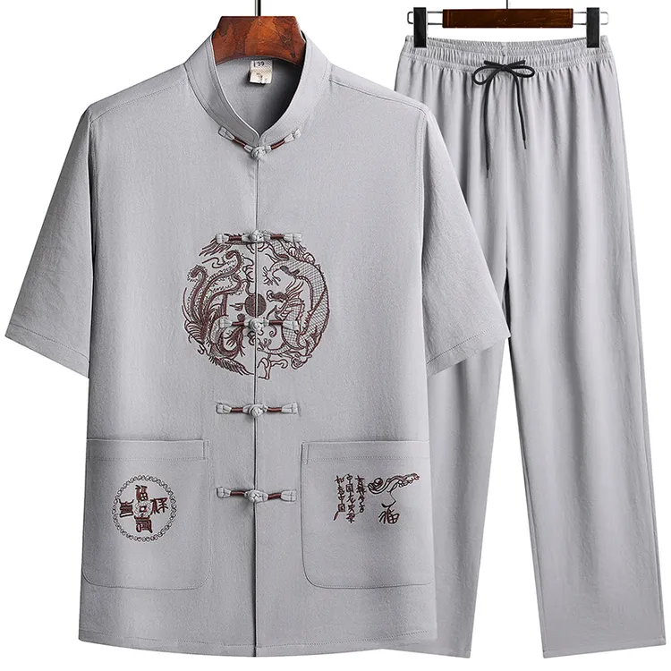 唐装男士短袖休闲夏季宽松夏装中老年薄款中国风中式复古爸爸套装