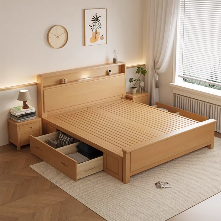 原木风榉木床现代简约1.8米双人床家用卧室1.5米单人简易储物大床