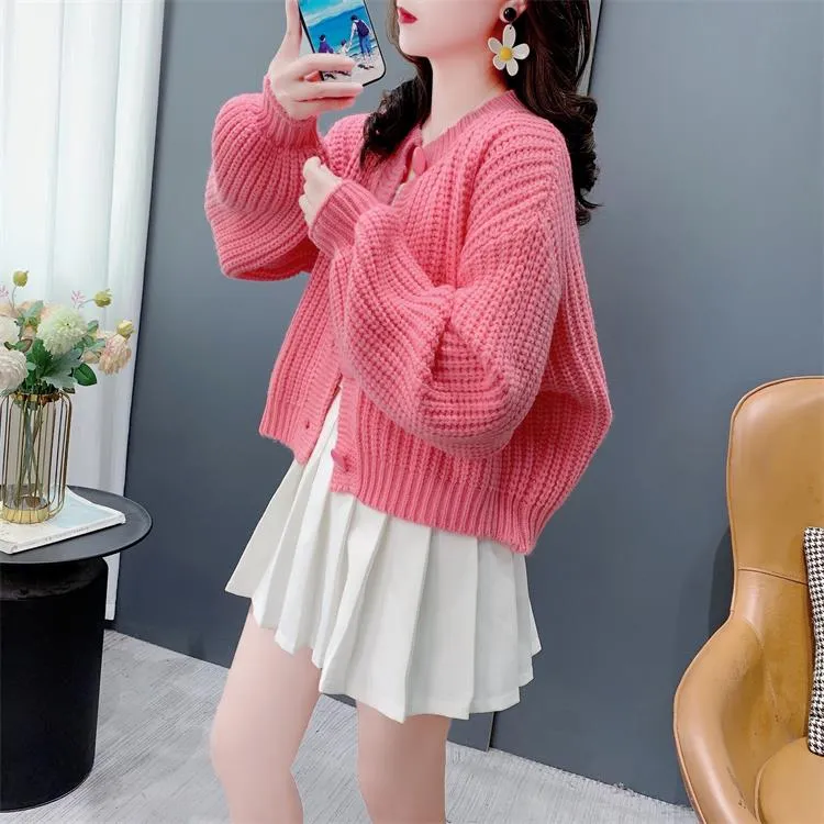 慵懒风糖果色短款毛衣开衫女秋季新款韩版小个子休闲百搭外套上衣