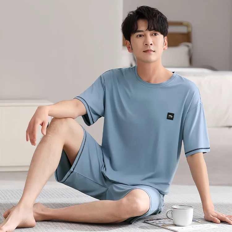男式莫代尔夏季春秋短袖男士睡衣冰丝青少年学生弹力棉家居服套装