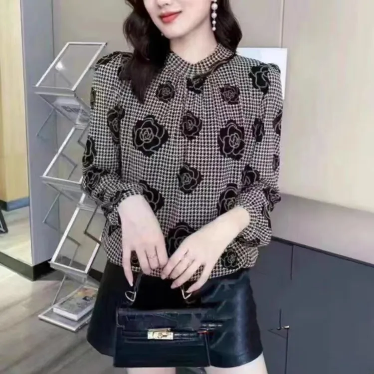 【红红家】早秋新款千鸟格显瘦山茶花南韩上衣-依23006款上衣
