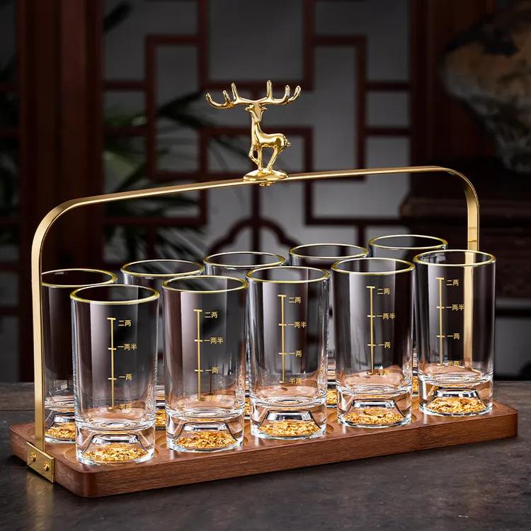 创意轻奢一两白酒杯无铅水晶玻璃家用中式金箔二两杯描金酒杯套装