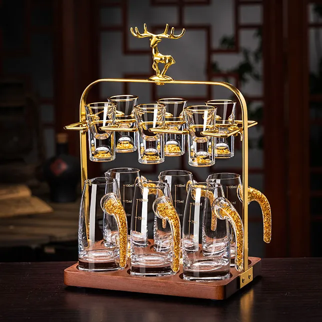 轻奢中式金箔无铅描金水晶玻璃白酒杯家用套装创意分酒器子弹杯