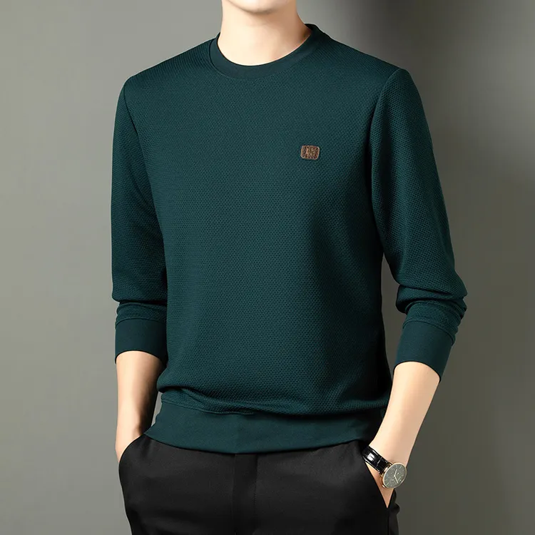 男装圆领套头舒适百搭长袖t秋中老年男士商务休闲纯色卫衣打底衫