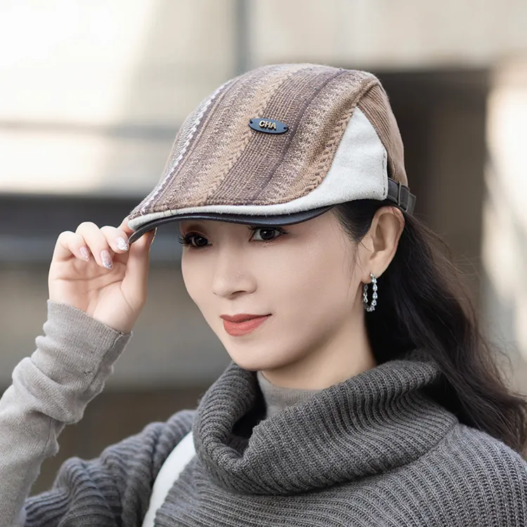 鸭舌帽女2025新款时尚显脸小英伦复古前进帽女士冬季条纹鸭舌帽子