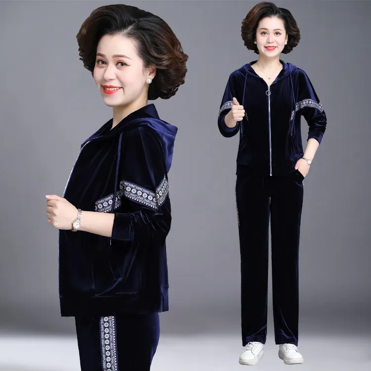 中年妈妈秋装运动套装女新款时尚洋气外套中老年金丝绒春秋两件套