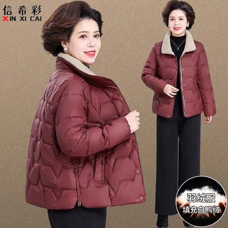 中老年女装时尚保暖羽绒服白鸭绒外套中年妈妈洋气安哥拉红色冬装