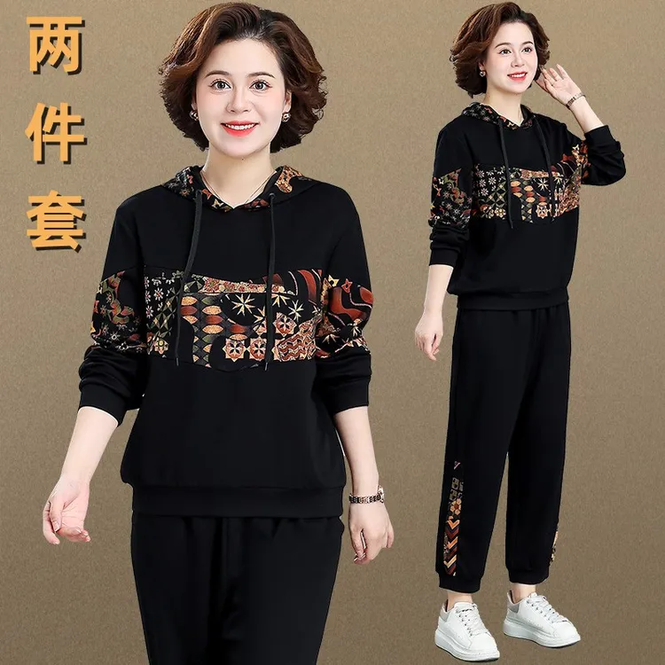胖妈妈秋装运动服休闲两件套套装春秋季时尚中老年人女加肥加大码