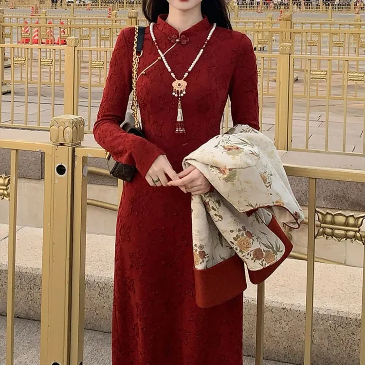 新中式国风【锦绣年华】复古提花外套女秋旗袍气质显瘦连衣裙套装