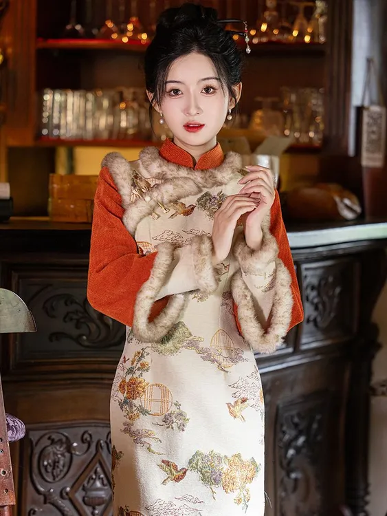 新中式倒大袖旗袍2025新款秋冬季加绒厚国风年轻款茶服日常连衣裙