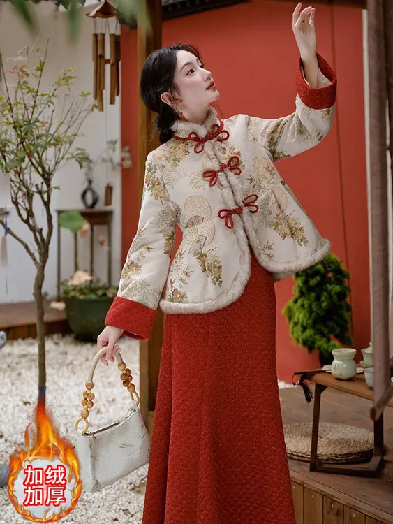 秋冬新款复古加绒日常可穿旗袍民国大小姐加厚外套鱼尾半身裙套装