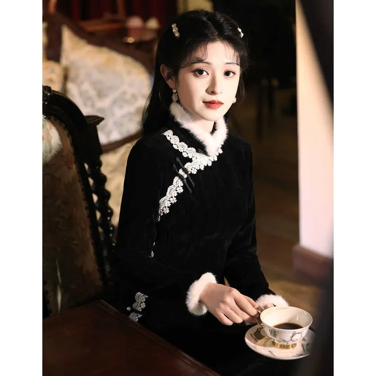 黑色旗袍新款2025秋冬季高级感复古风修身冬款加绒加厚新中式冬天
