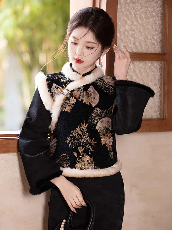 【冬声赋】复古风新中式国风百搭黑色旗袍2025秋冬季马甲套装