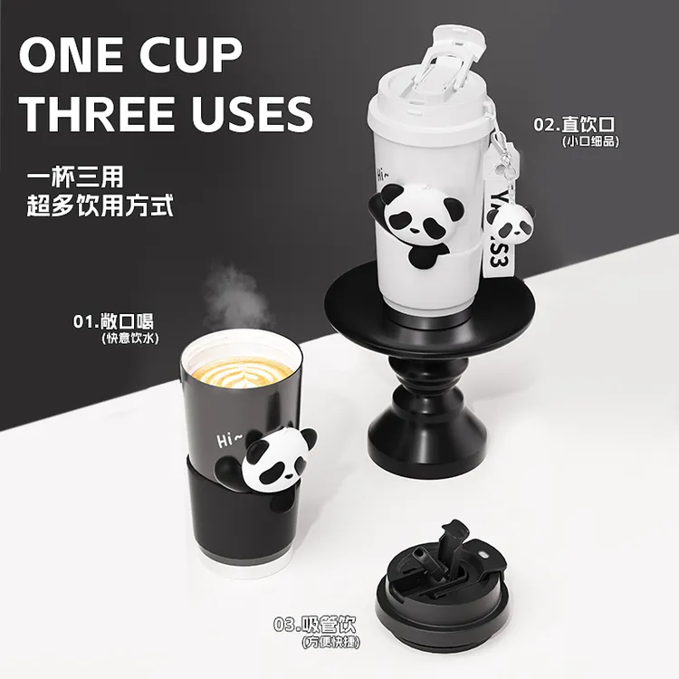 保温杯立体熊猫陶瓷双饮三用咖啡杯直饮可爱小型家用水杯