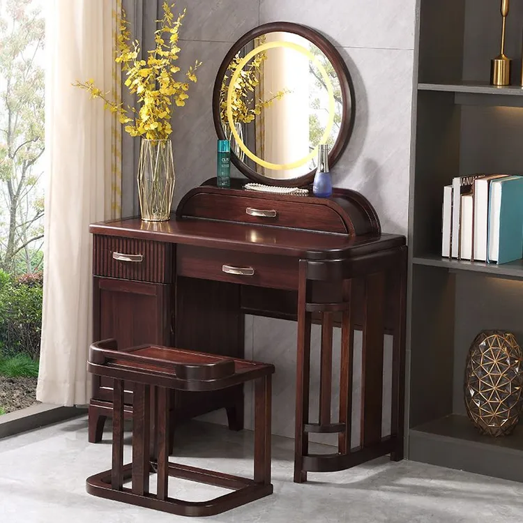 全实木高档梳妆台新中式收纳斗柜一体化妆镜子带灯卧室房间化妆台