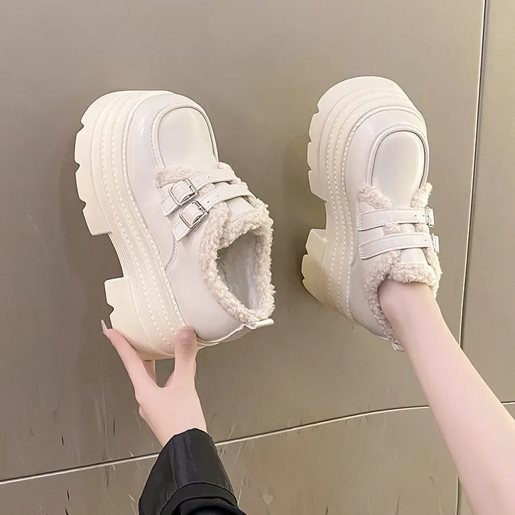 厚底棉鞋女2025新款冬季加绒加厚保暖小个子英伦风小皮鞋增高乐福