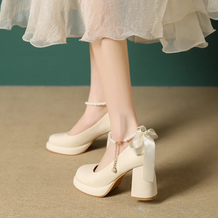 法式珍珠仙女风玛丽珍鞋子防水台蝴蝶结高跟鞋女一字扣带粗跟单鞋