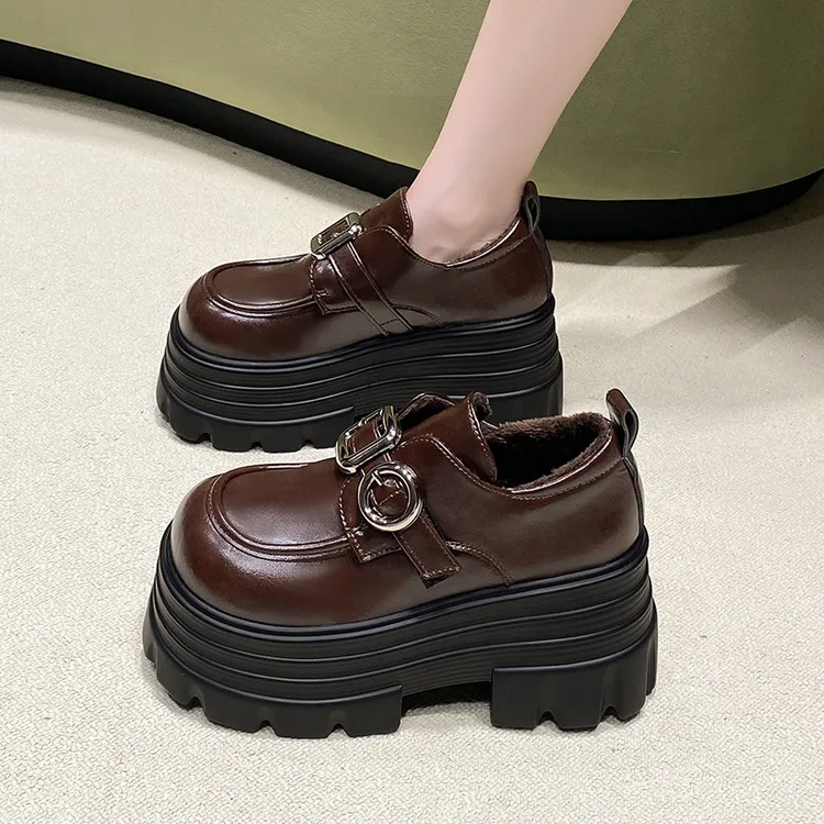 厚底玛丽珍鞋女2025新款冬季松糕棉鞋百搭乐福鞋小个子增高小皮鞋