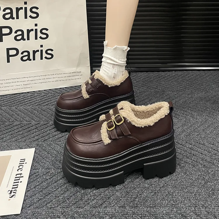 10cm超厚底乐福鞋女2025新款冬季加绒增高毛毛鞋小个子松糕小皮鞋