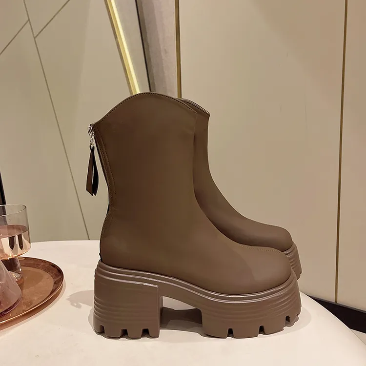 韩版粗跟瘦瘦靴2025秋冬新款厚底复古高跟短筒靴女百搭显瘦马丁靴