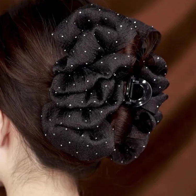 黑色闪钻网纱蝴蝶结抓夹在逃公主发夹气质法式韩版百搭手工鲨鱼夹