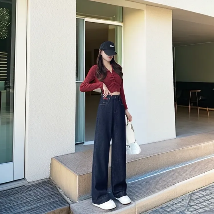 加绒裤长115cm高个子秋冬深蓝窄版阔腿丹宁蓝高腰直筒牛仔女裤