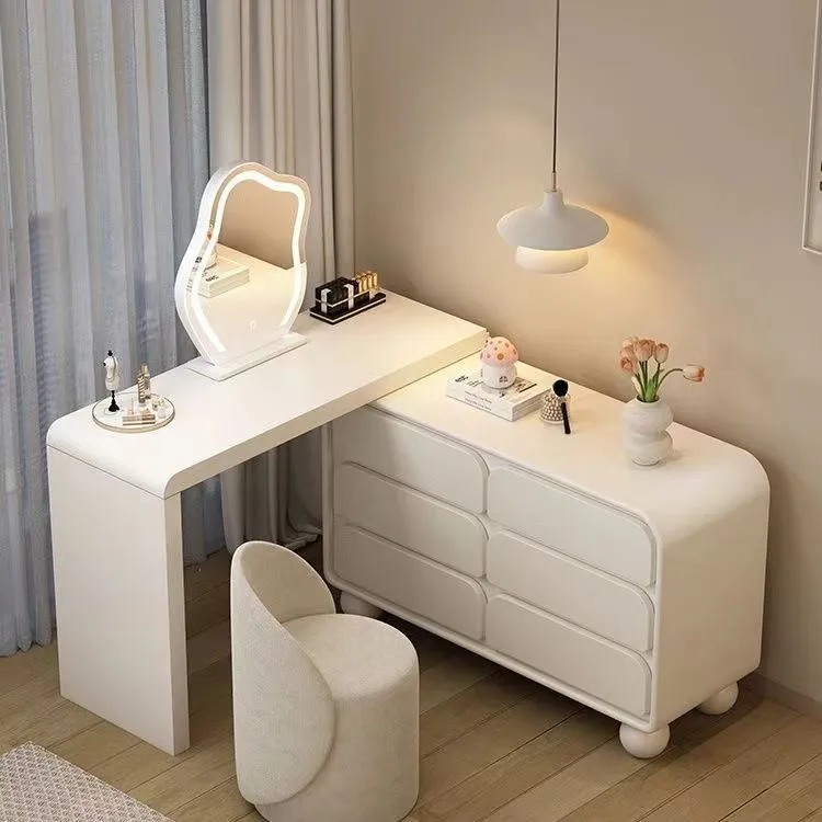 奶油风梳妆台斗柜一体主卧伸缩化妆台床尾收纳柜化妆桌卧室梳妆台
