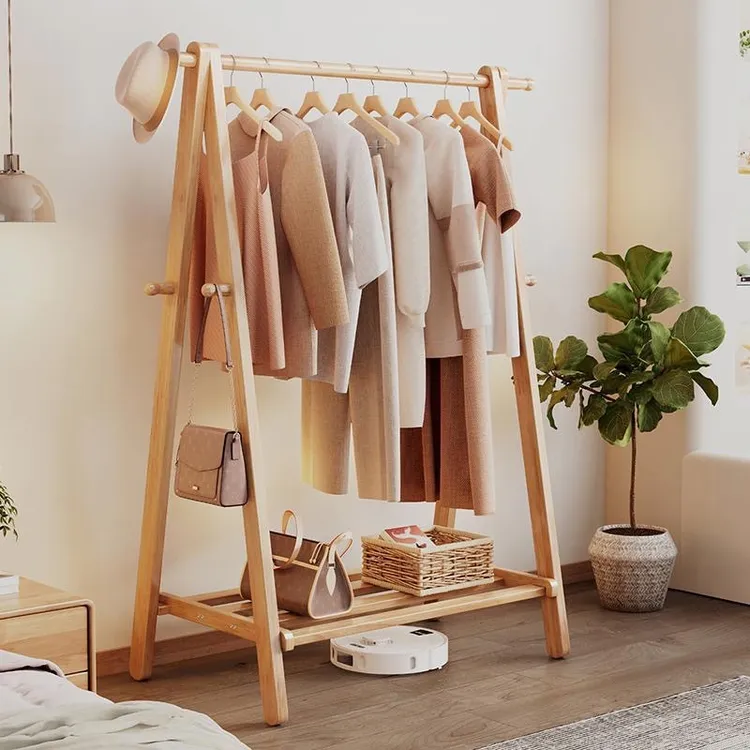榉木衣帽架简易房间挂衣架室内家用实木晾衣服落地立式晾衣架卧室