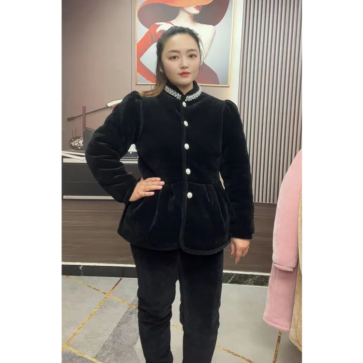 M11韩系冬季保暖女家居服秋冬休闲黑色女装立领加绒国风设计师