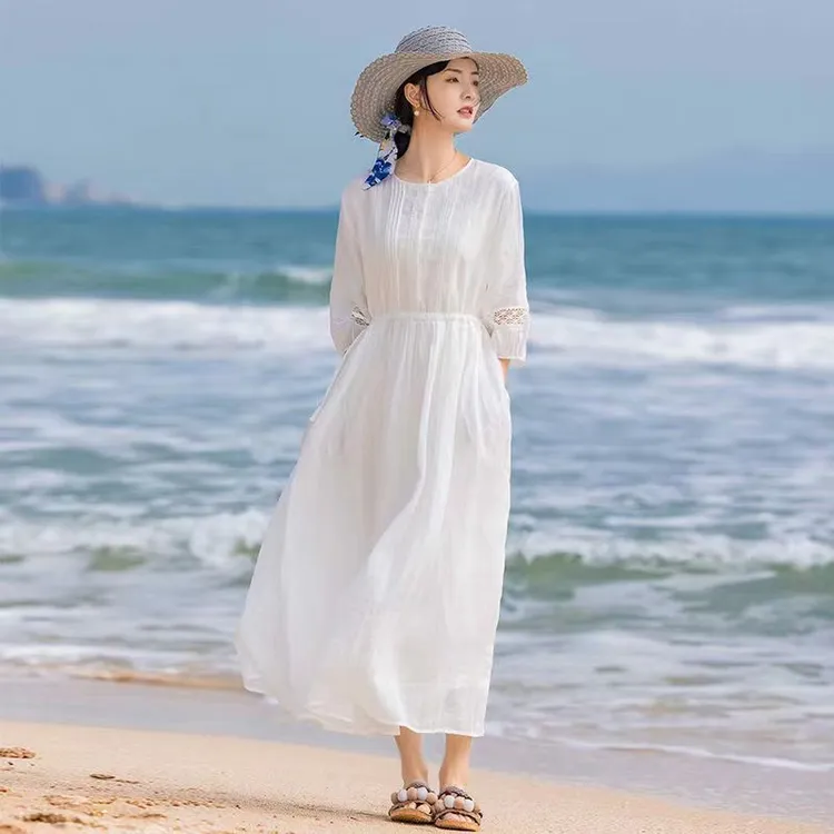 （858）夏季气质高端旅行文艺休闲纯色大摆天丝莱赛尔连衣裙仙女裙