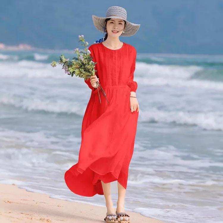 （858）夏季气质高端文艺文旅风莱赛尔天丝宽松系带收腰连衣裙长裙