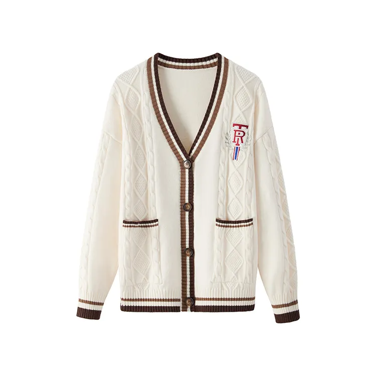 学院风V领毛衣女2025秋冬新款宽松休闲刺绣设计感针织开衫4196