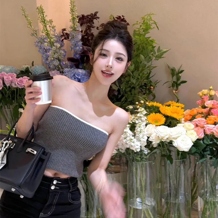 高级感灰色拼色短款毛线抹胸背心女外穿夏季修身无袖针织背心上衣