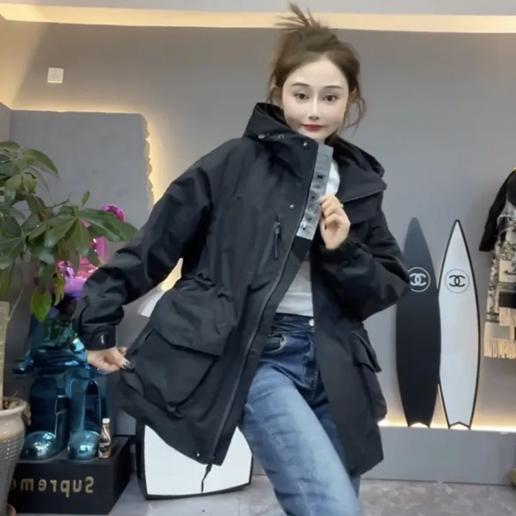 中长款夹棉风衣女连帽外套2024秋冬季二棉洋气收腰显瘦户外冲锋衣