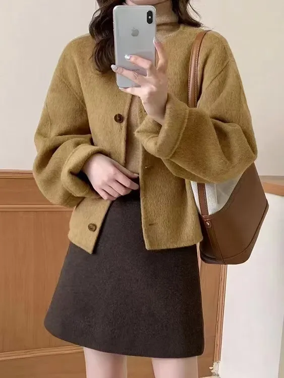 24新秋冬双面绵羊毛小个子呢子大衣女韩版轻奢赫本风短款毛呢外套