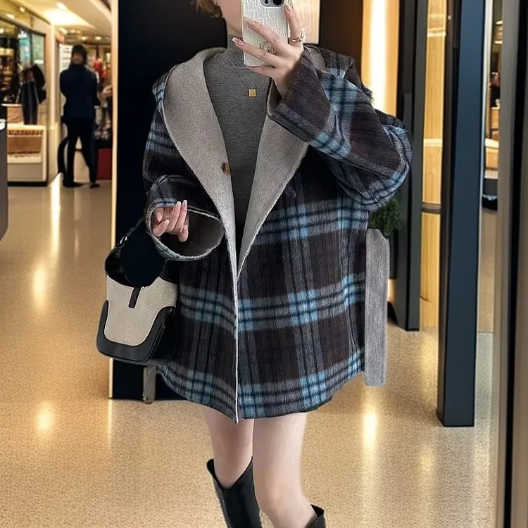 2024秋冬连帽两面可穿格子双面呢羊毛大衣女中长款腰带小个子外套