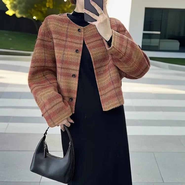 秋冬新款复古格子双面毛呢大衣女设计感高端羊毛呢小个子外套短款