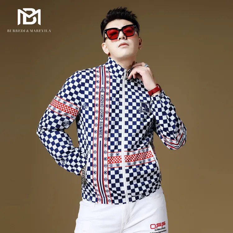 BM欧洲站男装2023新款春季bv棋盘格高端立领夹克外套男高级感痞帅