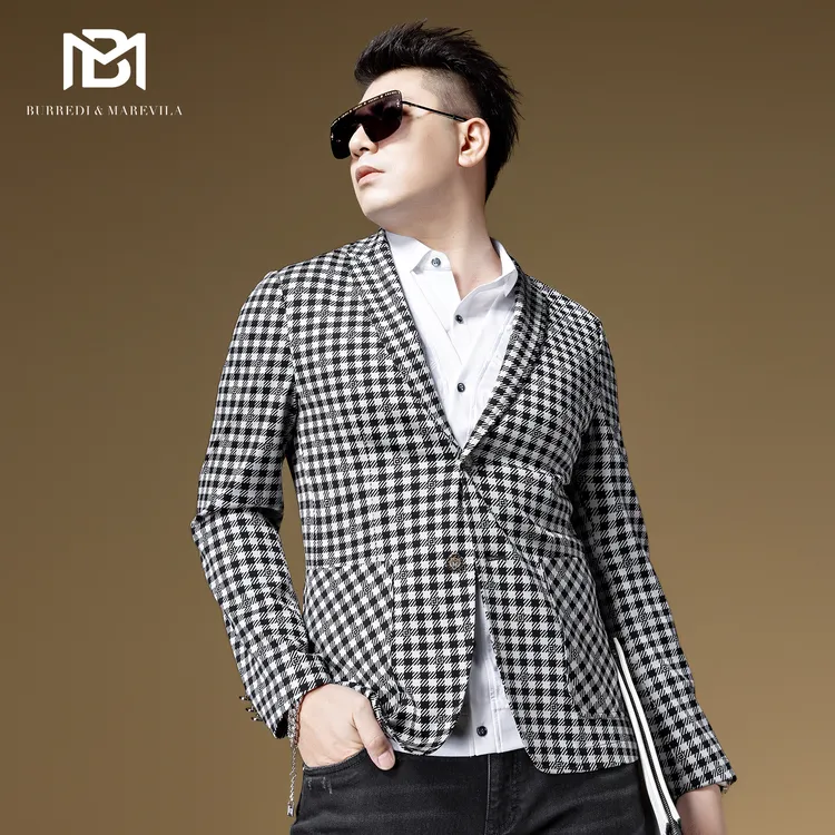 BM黑白格子休闲西装外套男高级感痞帅小西服潮流春季2023新款男装
