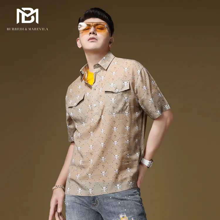 BM欧美潮牌t恤美式复古大象满花短袖polo衫男设计感套头衬衫夏季