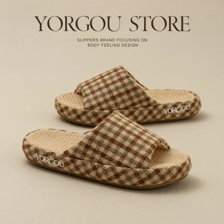 防臭格子亚麻拖鞋女春夏季新款室内吸汗家居牛筋底拖鞋亚麻女款