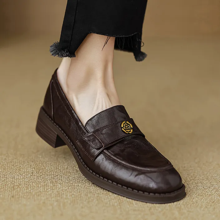 超软小牛皮黑色山茶花乐福鞋2025春秋新款英伦风一脚蹬厚底单鞋女