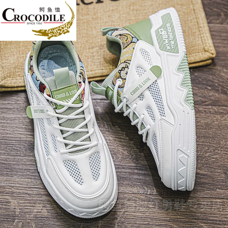 鳄鱼恤男鞋夏季透气网面运动设计小众青少年学生原创小白平底板鞋