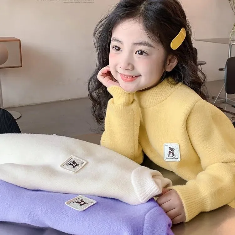 儿童一体绒毛衣中大童新款加绒加厚软糯中领针织衫秋冬套头打底