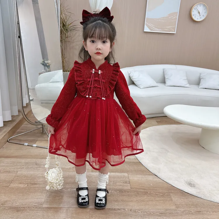 小女孩秋冬连衣裙春秋长袖纱裙加绒网纱公主裙周岁服春秋长袖纱裙