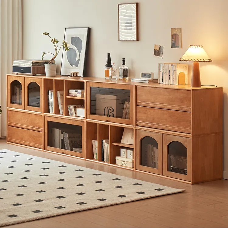 实木组合柜樱桃木色模块柜日式客厅格子柜简约电视柜落地隔断书柜