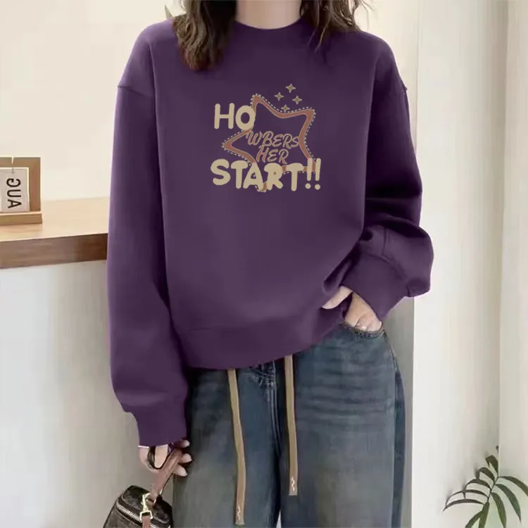 春秋冬季圆领卫衣女2024潮流新款洋气百搭休闲风宽松显瘦加绒卫衣