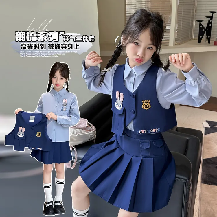 疯狂动物城儿童春秋款朱迪兔子警官COS衣服女童学院风JK裙子套装